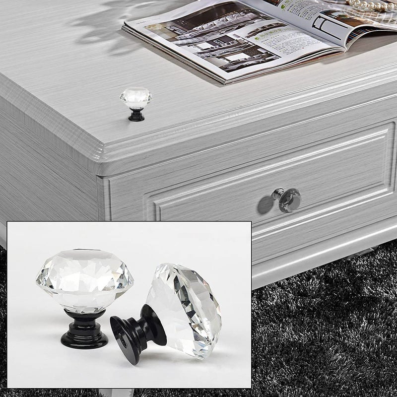 Akstore 6 Pcs Crystal Glass Cabinet Knobs 30mm Diamond Shape Drawer Kitchen Cabinets Dresser Cupboard Wardrobe Pulls Handles (30mm, Clear-Black) - Image 3
